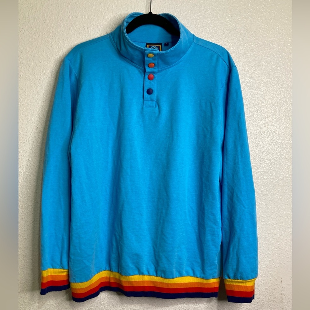 Aldi Gear Sweatshirt Mens L Blue Pullover 1/4 Snap Button Rainbow Grocery Logo